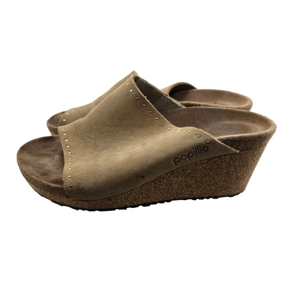 Papillio by Birkenstock Namica Suede Wedge Sandals Taupe Rivet EU 37 US 6 6.5
